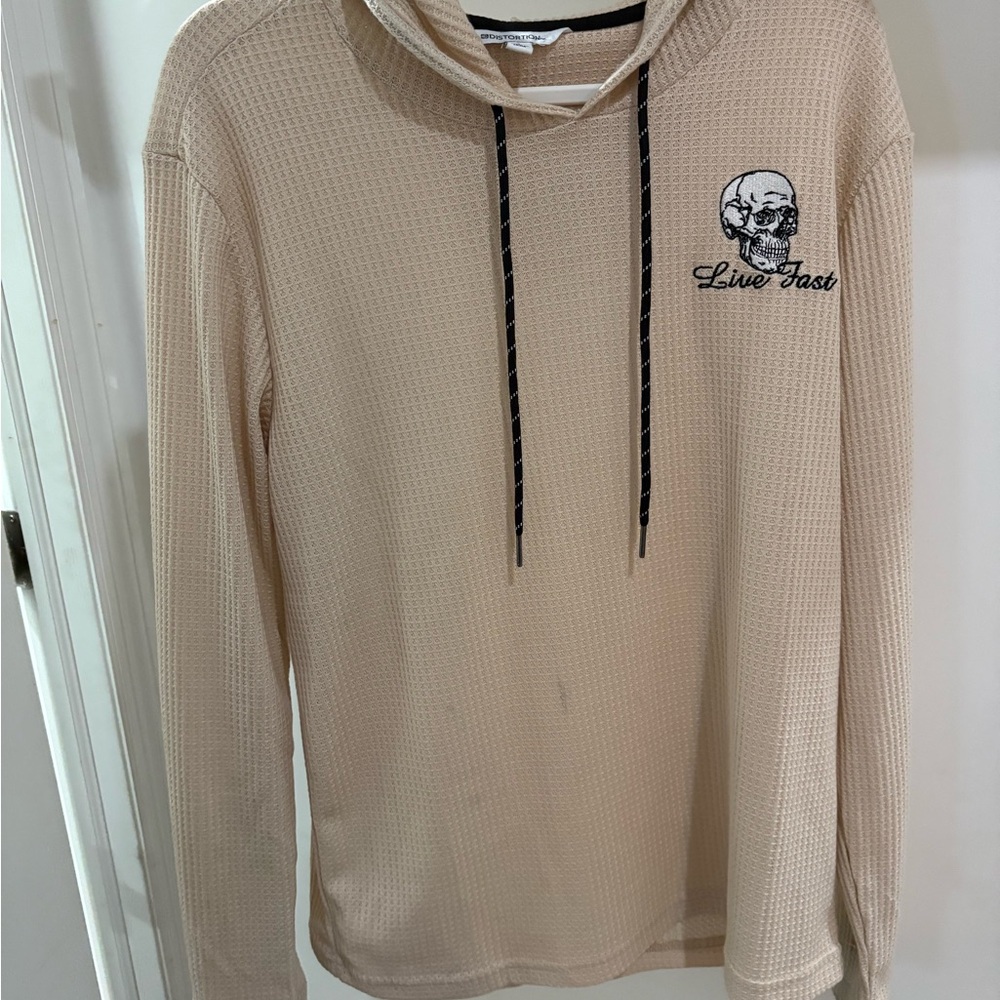 Distortion Men's Beige Hoodie Live Fast Skull Embroidered Design Size Large